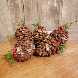 Set of 5 Resin Rustic Pinecone Christmas Ornaments 2.5" Snowy Glitter Pine&Berry